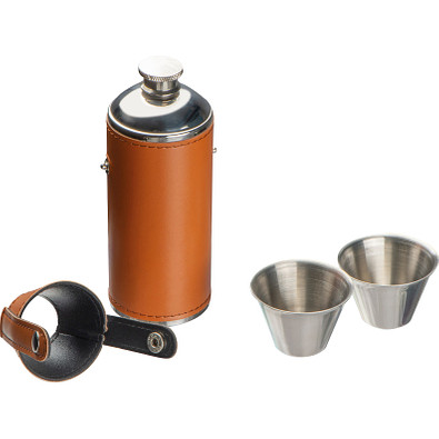 Flachmann aus Edelstahl mit 2 Pinchen, braun