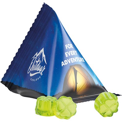 Fruchtgummi Tetraeder, Folie weiß, Trolli  Fruchtgummi Kleeblatt, inkl. Druck