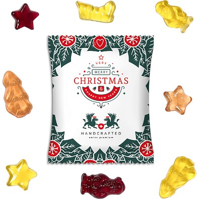 Fruchtgummi Vegan Weihnachtsedition, weiße kompostierbare Folie, inkl. Druck