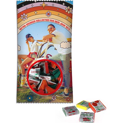 Fruchtkaramellen im Werbetütchen, 100 g, Folie transparent, inkl. Druck