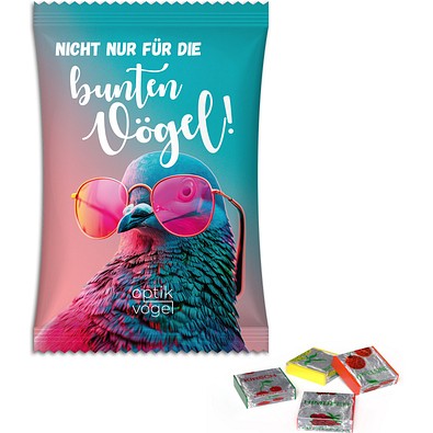 Fruchtkaramellen im Werbetütchen, 50 g, Folie transparent, inkl. Druck