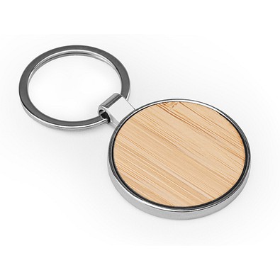 GASTON ROUND. Schlüsselanhänger aus Eisen in runder Form aus Zink und Bambu, Natur