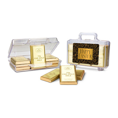 Frohe Ostern, Goldkoffer mit 12 Goldbarren, Edelvollmilch-Schokolade