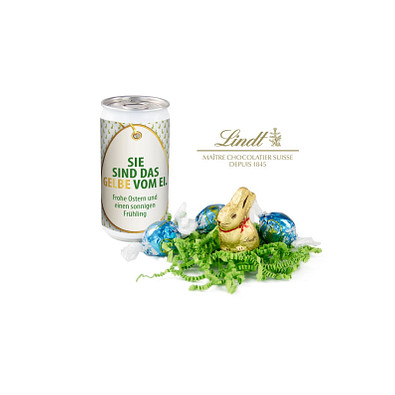 Lindt-Oster-Überraschung, Das Nest in der Dose, Etikett Sie sind das Gelbe vom Ei