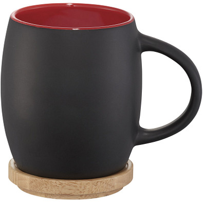 Hearth Keramiktasse mit Holz Deckel Untersetzer, 400 ml, schwarz/rot