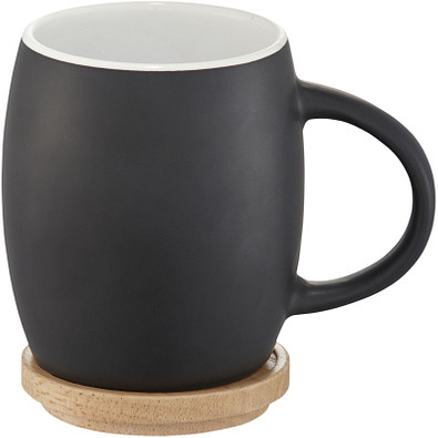 Hearth Keramiktasse mit Holz Deckel Untersetzer, 400 ml, schwarz/weiss