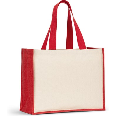 HELSINQUE COLOUR. Tasche aus Canvas (320 g/m²), mit Boden und Seiten aus farbig laminierter Jute (350 g/m²), Rot