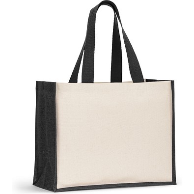 HELSINQUE COLOUR. Tasche aus Canvas (320 g/m²), mit Boden und Seiten aus farbig laminierter Jute (350 g/m²), Schwarz