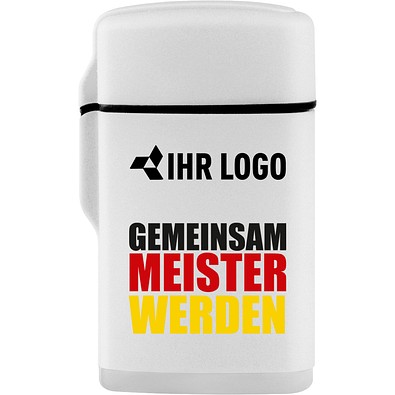 Jet-Flame Feuerzeug Rubber Fan-Edition mit WM-Motiv Meister, Weiß