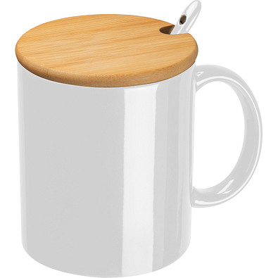 Keramiktasse mit Löffel und Bambusdeckel, weiss
