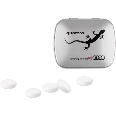 Klapp Dose, mentos® Kaudragee Mint, inkl. Druck, matt-silberne Dose