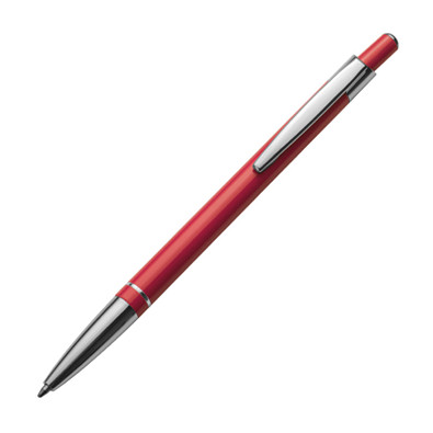 Druckkugelschreiber aus Metall mit silbernem Schaftring, blaue Mine, rot