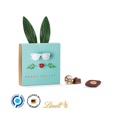 Lindt Präsent im Werbeschuber Hasenohren, Lindt Mini Pralinés, inkl. Druck