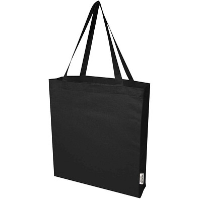 Madras 140 g/m² Baumwoll Tragetasche mit Seitenfalten aus GRS recycelter Baumwolle, schwarz