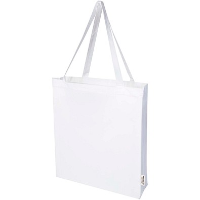 Madras 140 g/m² Baumwoll Tragetasche mit Seitenfalten aus GRS recycelter Baumwolle, weiss