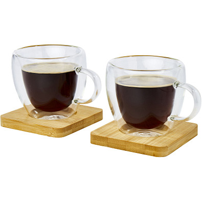 Manti 2-teiliger 100 ml doppelwandiger Glasbecher mit Bambusuntersetzer, transparent, natural