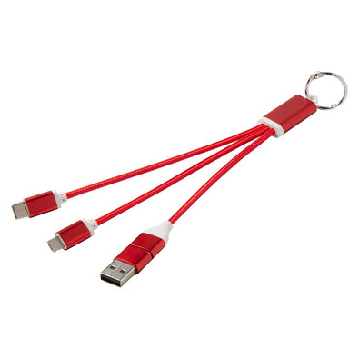 Metal 4-in-1 Ladekabel aus recyceltem Aluminium mit Schlüsselanhänger, rot