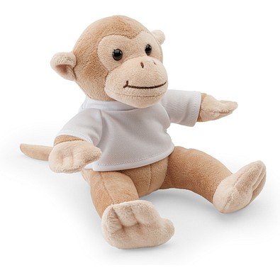 MONKY. Plüschtier in Form eines Affen mit T-Shirt, Hellbraun