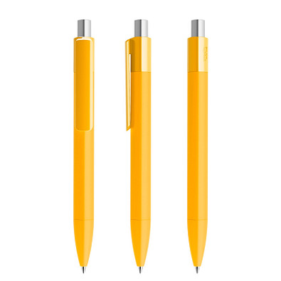 prodir® Druckkugelschreiber DS4 Soft Touch PRR Push, blaue Mine, gelb/silber satiniert