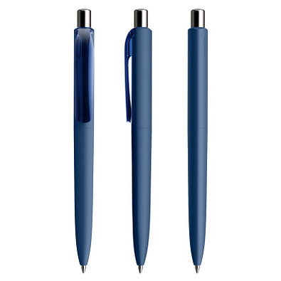 prodir® Druckkugelschreiber DS8 Soft Touch PRR Push, blaue Mine, dunkelblau/silber poliert