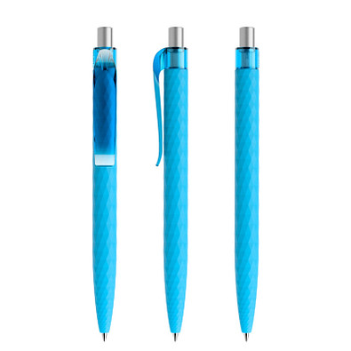 prodir® Druckkugelschreiber QS01 Soft Touch PRT Push, blaue Mine, cyanblau/silber satiniert