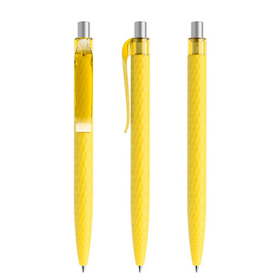 prodir® Druckkugelschreiber QS01 Soft Touch PRT Push, blaue Mine, gelb/silber satiniert