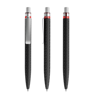 prodir® Druckkugelschreiber QS03 Soft Touch PRS Push, blaue Mine, schwarz/silber satiniert/rot