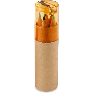 ROLS. Bleistiftbox mit 6 Buntstiften und einem Deckel mit Anspitzer, Orange