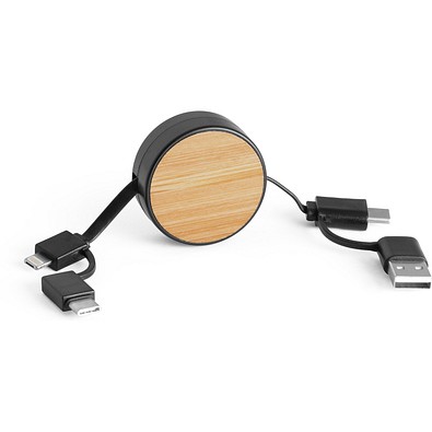 RUBINS. 6-in-1-USB-Kabel ausziehbar aus Recyceltes ABS (100% rABS) und Bambus, Schwarz