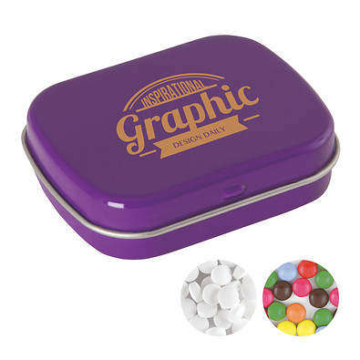 Scharnierblechdose, gefüllt mit 25 g Minties, dunkelviolett