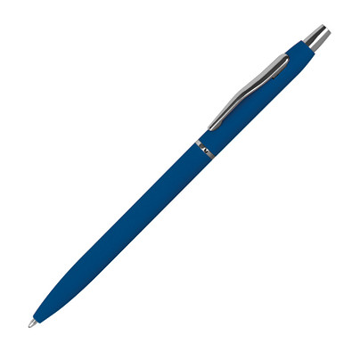 Schlanker, gummierter Kugelschreiber, schwarze Mine, blau