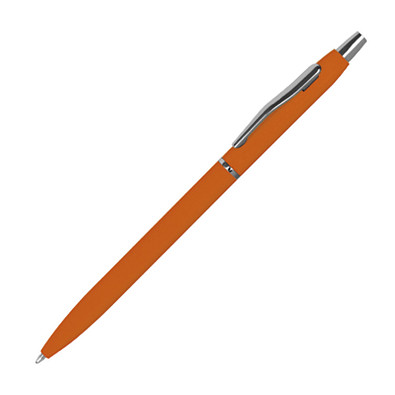 Schlanker, gummierter Druckkugelschreiber, blaue Mine, orange
