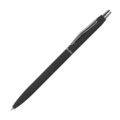 Schlanker, gummierter Druckkugelschreiber, blaue Mine, schwarz
