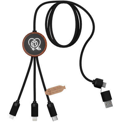 SCX.design C37 3-in-1 rPET Ladekabel in rundem Bambusgehäuse mit Leuchtlogo, holz