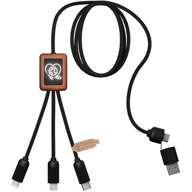SCX.design C38 3-in-1 Ladekabel aus rPET in quadratischem Bambusgehäuse mit Leuchtlogo, schwarz