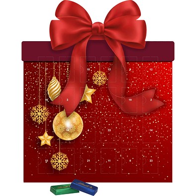 Shape Adventskalender Geschenk, Lindt Schokotäfelchen, Christbaumkugeln Gold