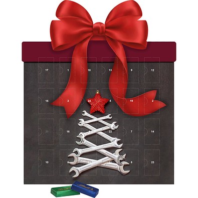 Shape Adventskalender Geschenk, Lindt Schokotäfelchen, Schraubenschlüssel-Tanne