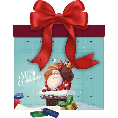 Shape Adventskalender Geschenk, Lindt Schokotäfelchen, Weihnachtsmann im Kamin