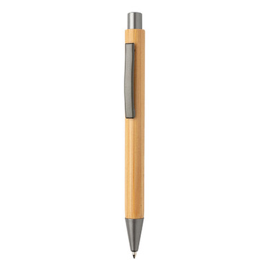 XD COLLECTION Bambus Druckkugelschreiber Slim Design, blaue Mine, braun/silber