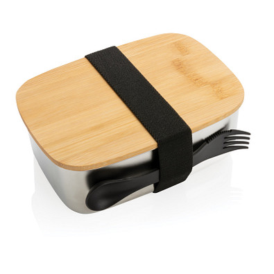 Stainless Steel Lunchbox mit Bambus-Deckel und Göffel, silber