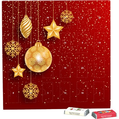 Täfelchen Adventskalender, Alpenmilch-Schokotäfelchen, Christbaumkugeln Gold