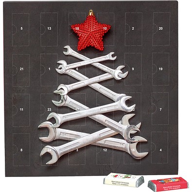 Täfelchen Adventskalender, Alpenmilch-Schokotäfelchen, Schraubenschlüssel-Tanne