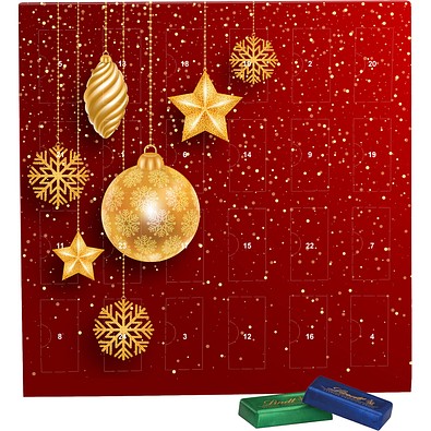 Täfelchen Adventskalender, Lindt Schokotäfelchen, Christbaumkugeln Gold