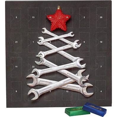 Täfelchen Adventskalender, Lindt Schokotäfelchen, Schraubenschlüssel-Tanne