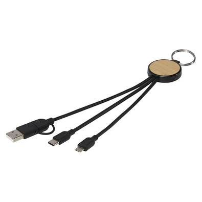 Tecta  6-in-1 Ladekabel mit Schlüsselring aus recyceltem Kunststoff und Bambus, schwarz