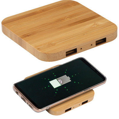 Wireless Charger aus Bambus mit 2 USB-Hubs, hellbraun