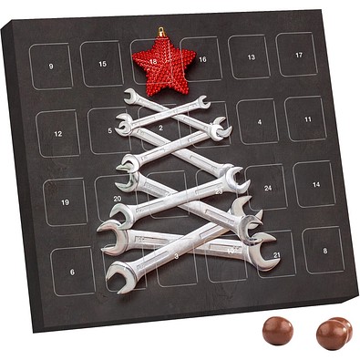 XS Adventskalender, Brandt Knusperkugeln Vollmilch, Schraubenschlüssel-Tanne