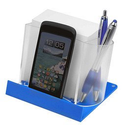 Smartphone-/Tabletständer mit Zettelbox, transparent/blau