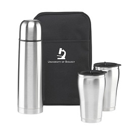 Thermo-Geschenkset in Tasche, Flasche 500 ml, Becher  2x 175 ml, silber