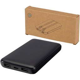 Adhil 10 W 10.000 mAh Powerbank aus recyceltem Kunststoff mit 2 integrierten Kabeln, schwarz